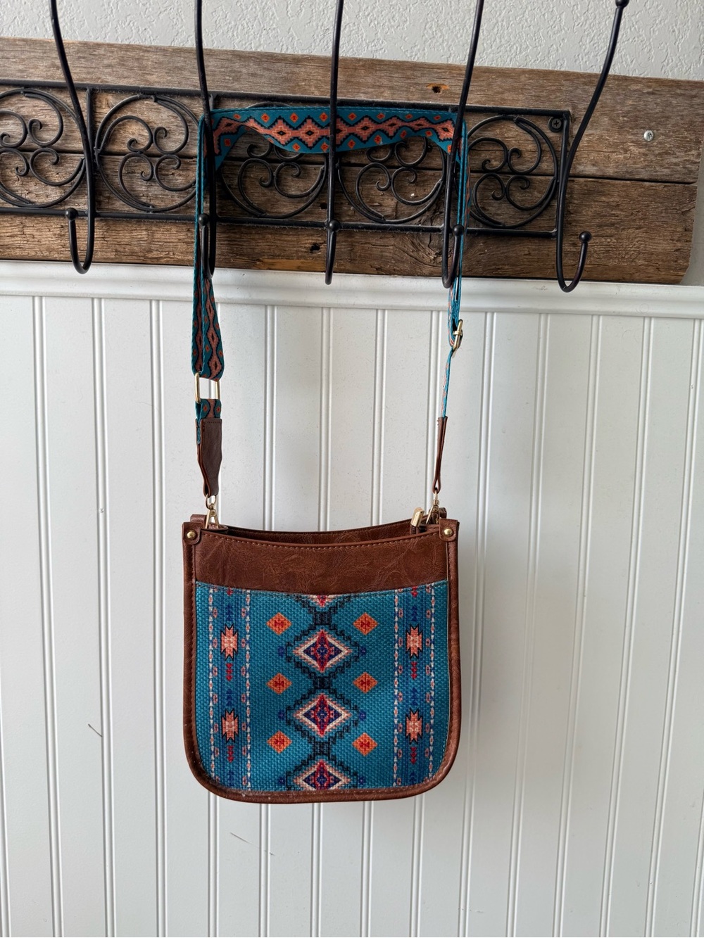 Brown Leather-Trim Teal Embroidered Crossbody Bag